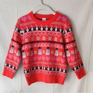 Shein Girls Red Winter Sweater w/Snowmen, Penguins, Snowflakes & Hearts Size 5
